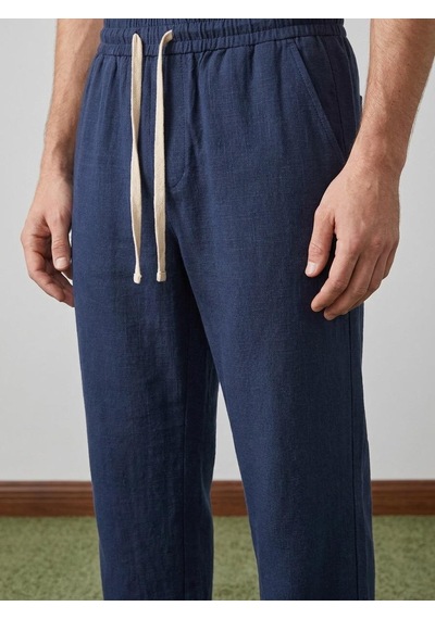 Danger Erkek Baggy Kalıp Beli Lastikli Pamuk Keten Görünümlü Pantolon Lacivert 1007dngr