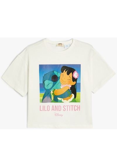 Koton Stitch Crop Tişört Lisanslı Kısa Kollu Bisiklet Yaka Pamuklu Ekru 4skg10400ak Ekru