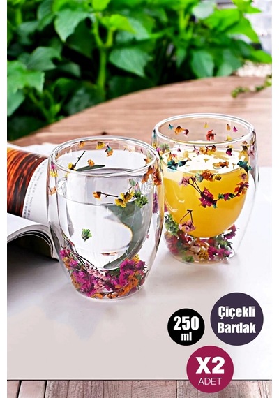 Tilbe Home 2'li Çift Cidarlı Flower Cup 250ml Çiçekli Bardak Kahve Çay Bardağı El Yapımı Cam Bardak Çiçekli