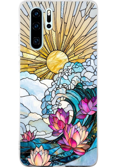 Printify Huawei P30 Pro İle Uyumlu Vitray Okyanus Sabahı Tasarımlı Şeffaf Silikon Kılıf Şeffaf