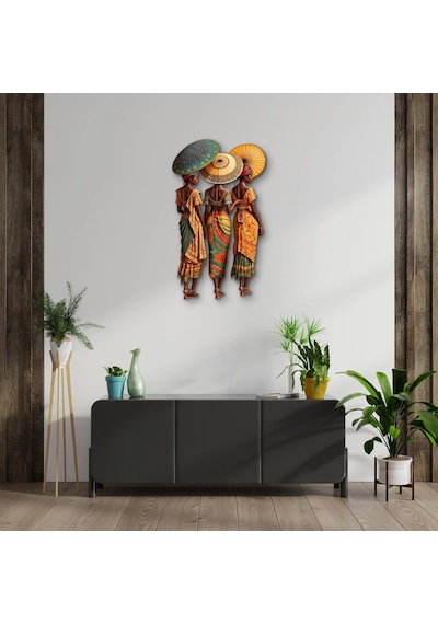 Renkli Şemsiyeli Üç Kadın - Metal Tablo - Dec0283 56 X 95 Cm Çok Renkli