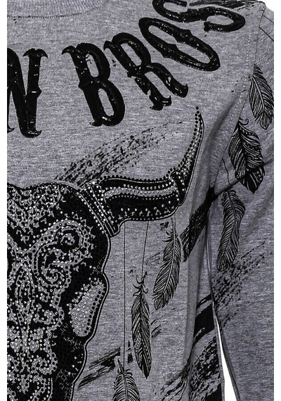 Gri Taşlı Baskılı Desenli Sweatshirt - Wessi Siyah
