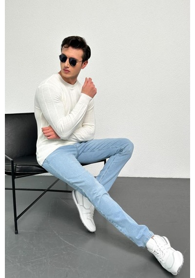Erkek Ekru Regular Fit Bisiklet Yaka %100 Akrilik Triko Kazak Hlthe012121