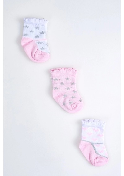 Cocole Socks Kız Çocuk Soket Çorabı 3 Lü Set Pamuklu Fırfırlı Bilek & Simli Yıldız Desenli Çok Renkli