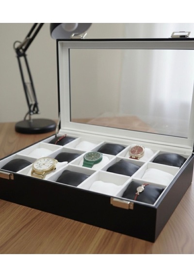 Premium 15 Yuvalı Tamamen Deri Kaplama Cam Kapaklı Şık Tasarım Saat Saklama Kutusu Ebat 34x24x8 Cm Siyah - Beyaz