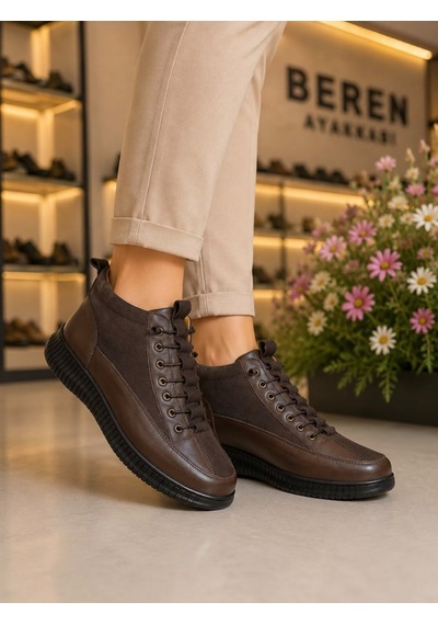 Beren Hakiki Deri Kahverengi Kadın Bot Süet Garnili Bağcıklı Ortopedik Comfort Günlük Casual Sneaker Bot