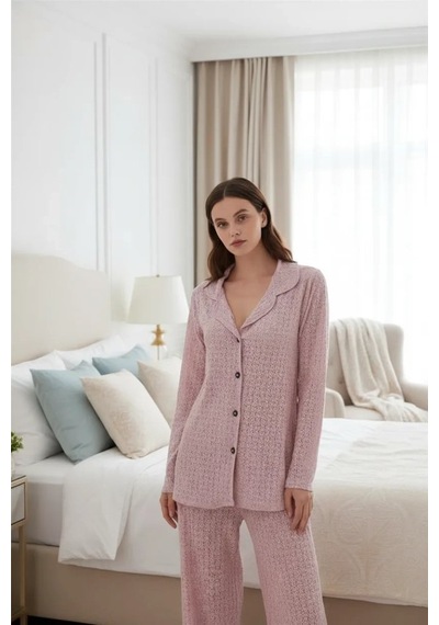 İkikareshop Kadın Pembe Önden Düğmeli Rahat Kesim Pijama Takımı - Günlük Ev Giyim Seti Çok Renkli