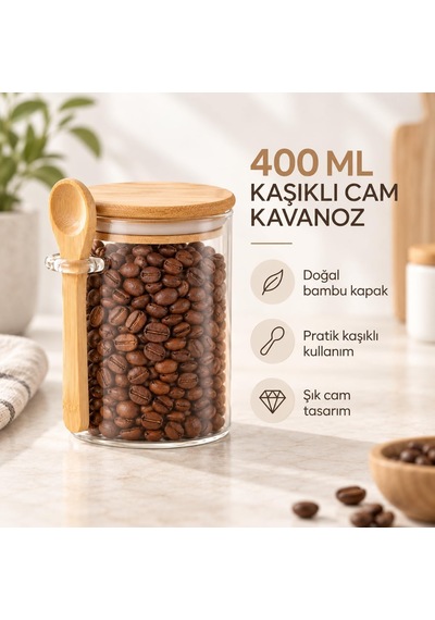 Bambu Kaşıklı Cam Kavanoz 400 Ml, Bambu Kapaklı Borosilikat Baharatlık, Hava Almaz Kahve, Şeker Ve Çay Saklama Kabı Diğer