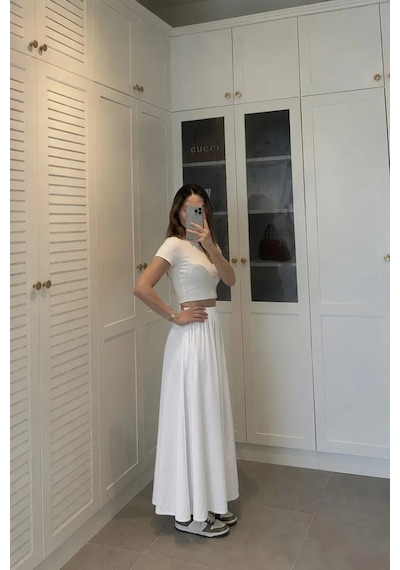 Kadın Beyaz Poplin Kumaş Uzun Etek Beli Lastikli Günlük Maxi Etek 90 Cm