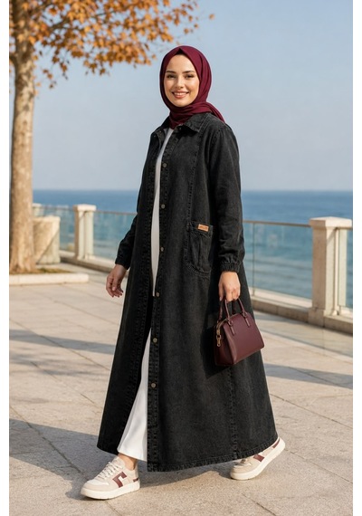 Hb Harma Time Butik Kadın Düğmeli Cepli Denim Siyah Kot Kap