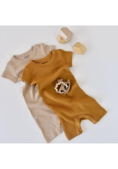 BabyCosy Bebek Hardal-Bej Kısa Kol Modal Tulum 2'Li 001