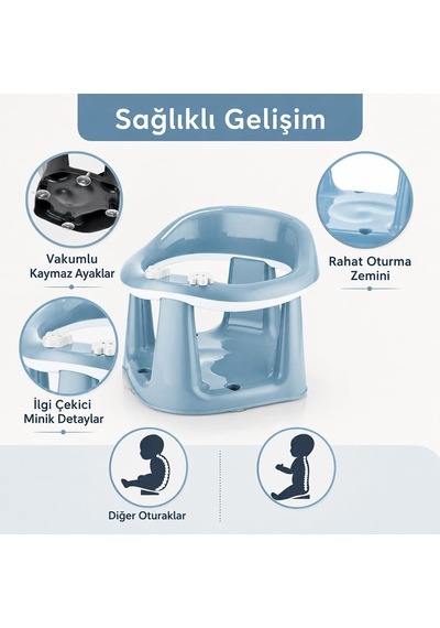 Bebek Banyo Oturağı - Vakum Tabanlı Bebek Mama Oturağı - Sağlam Kaymaz Taban - Rahat Oturma Zemini - Oyuncak Detaylı -32 X 32 Cm