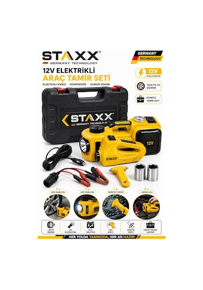 Staxx St12ryma Premium Muhteşem Kriko Seti Elektrikli Kriko Kompresör Bijon Sökme Ve Led Fenerli Ful
