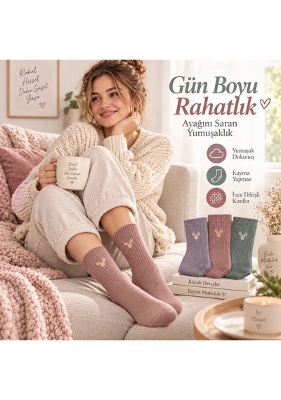S'82 Kadın Geyik Nakışlı Fitilli Soket Çorap 3 Lü Yumuşak Dokulu Pastel Renk Günlük Çorap Seti Çok Renkli