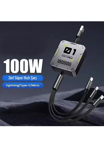 3in1 100w Geri Çekilebilir Hızlı Şarj Kablosu 120cm Usb To Ty