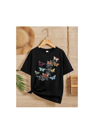 Kız Çocuk Bisiklet Yaka Baskılı T-shirt - Siyah