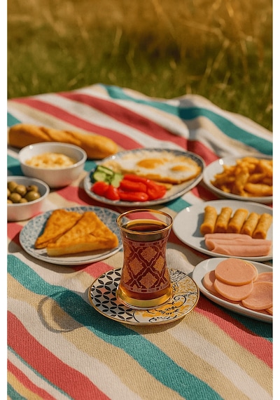 12 Parça Altın Yaldız Desenli İnce Belli Cam Çay Bardağı Ve Tabağı - Çay Takımı Çok Renkli