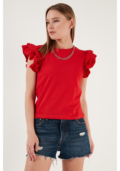 Lela Pamuklu Kolları Fırfırlı Slim Fit Bisiklet Yaka Bayan T Shirt 5864500 Kırmızı