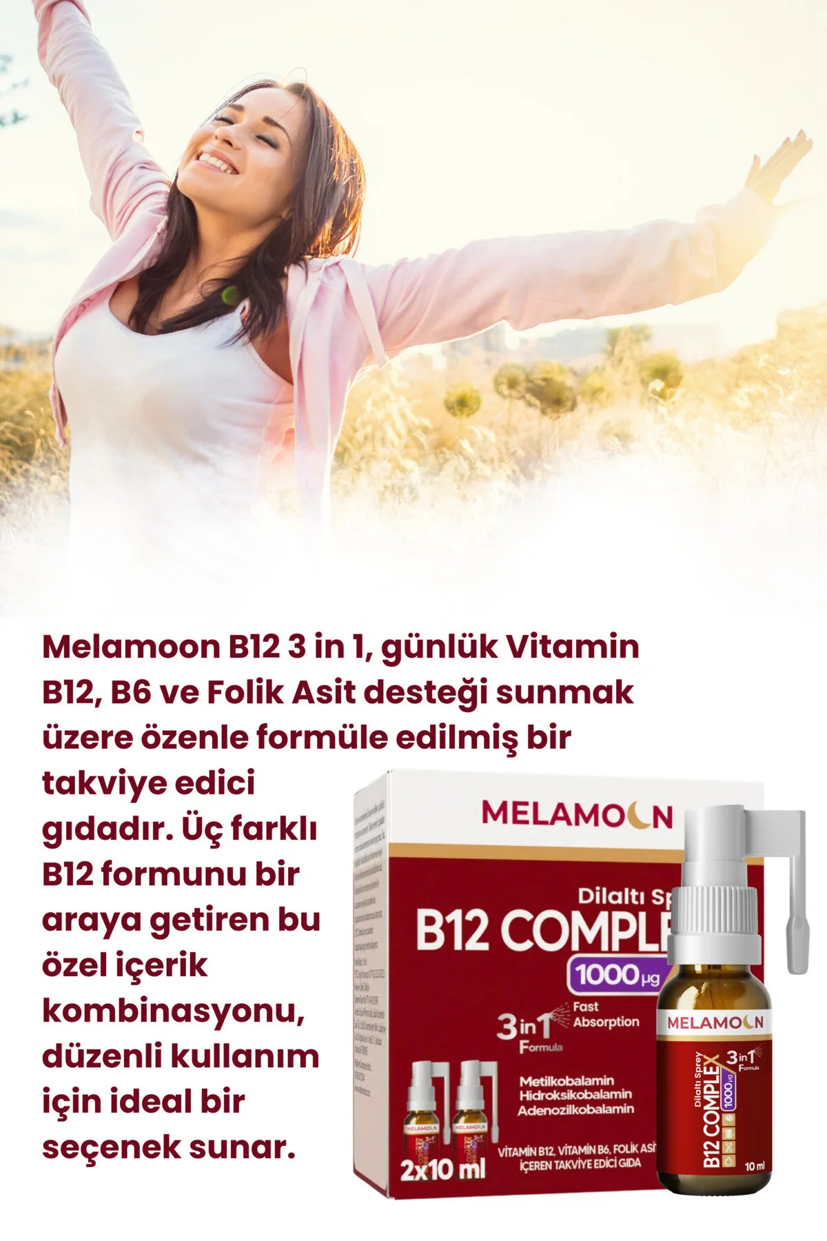 B12 Complex, Vitamin B12, Vitamin B6, Folik Asit İçeren Takviye Edici Dil Altı Sprey 2x10 Ml