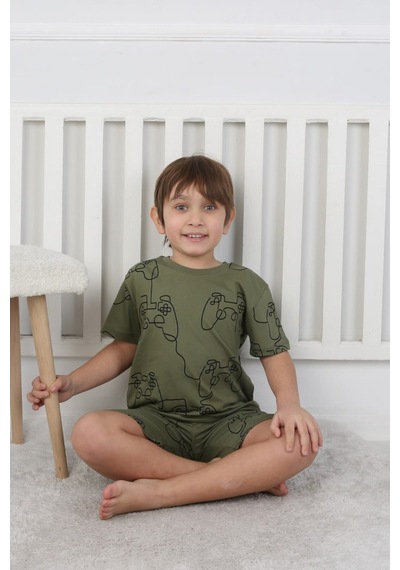 Bunny Hopp Şortlu Erkek Çocuk Pijama Takımı %100 Pamuk Desenli Yazlık 3-8 Yaş Yeşil