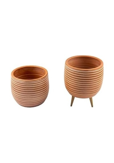 Bitki Tasarımı Ev Dekorasyon Yan Çizgi Desenli Terrakota Toprak Saksı Saksılık Salon Çiçeklik İkili Set Ayaksız - 3 Ayaklı- 15 Cm