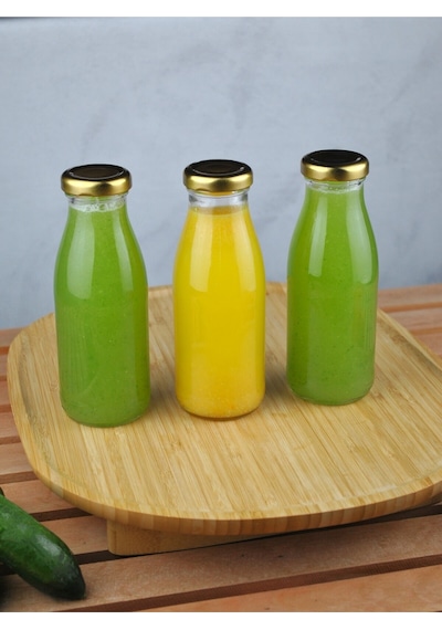3 Adet Cam Şişe Meyve Suyu Ayran Detoks Şişesi 250 Ml Gold Metal Kapaklı Şişe