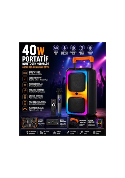 Ndr-1097 Bluetooth Speaker Kablosuz Mikrofonlu Taşınabilir Şarjlı Tekerlekli Büyük Boy Party Speaker 40w Hoparlör Hafıza Kartı Usb Girişli Tws Özellikli Fm Radyolu Ses Sistemi