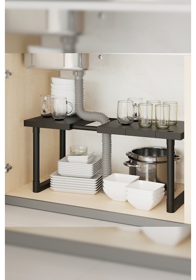 İndecor Houseware Plastik Genişletilebilir Raf Ayarlanabilir Düzenleyici Mutfak Banyo Düzenleyici - Tek Katlı - Siyah