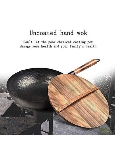 Ahşap Kapaklı 32cm El Yapımı Demir Wok Geleneksel Çin Yuvarlak Alt Tava Diğer