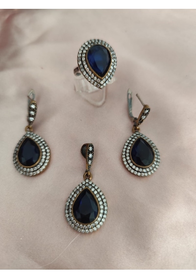 Safir Taşlı Gümüş Kolye Takımı Bronz