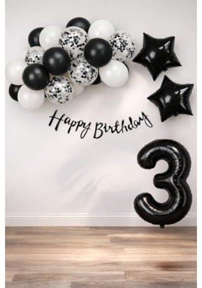 Siyah Konsept 3 Yaş Doğum Günü Kutlama Seti Beyaz Siyah Konfetili Balon, Rakam Yıldız Folyo Ve Banner Genel
