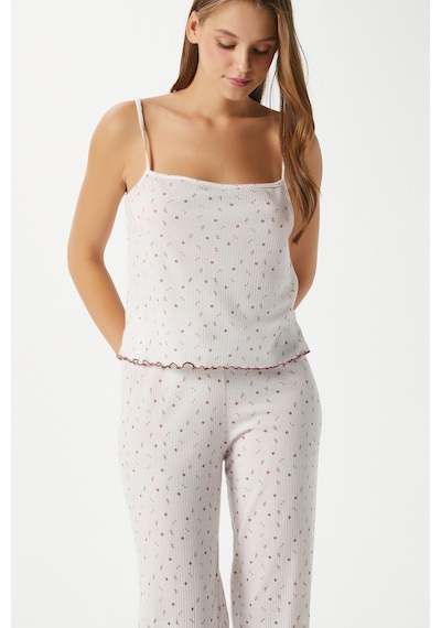 Ritnice Kadın June Askılı Ekru Minik Çiçekli Alt Üst Pijama Takımı