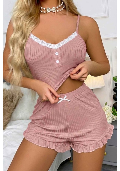 Merry See Dantelli Askılı Crop Üst Ve Fırfır Paça Mini Şortlu Pijama Takım Pembe