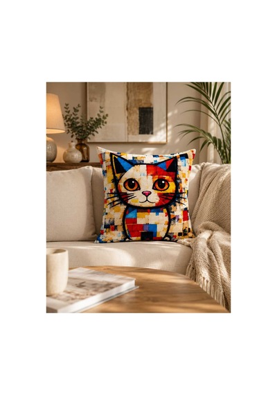 Renkli Kedi Figürlü Pop Art Dijital Baskılı Dekoratif Gizli Fermuarlı Kırlent Kılıfı 43x43 Cm Çok Renkli Çok Renkli