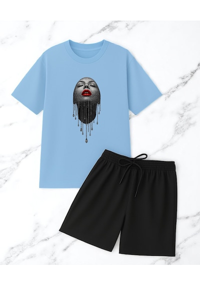 Uyguntarz Unisex Pırlantalı Kadın Portresi Tasarım Basklı Tshirt Şort Takımı Bebe Mavi