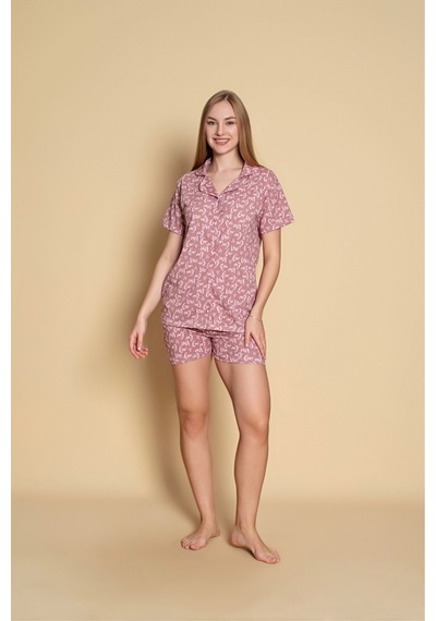 SUDE HOMEWEAR Kadın Gömlek Şort Desenli Pijama Takımı Mor