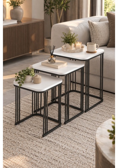 Sulorahome 3'lü Beyaz Kare Zigon Sehpa Seti Metal Ayaklı