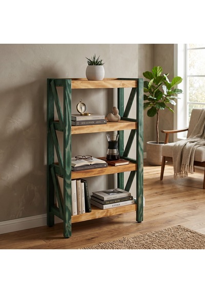Mobenta Libra Frame: Masif Ahşap Kitaplık & Raflı Depolama 4 Raflı - Ye-tk Yeşil-ahşap