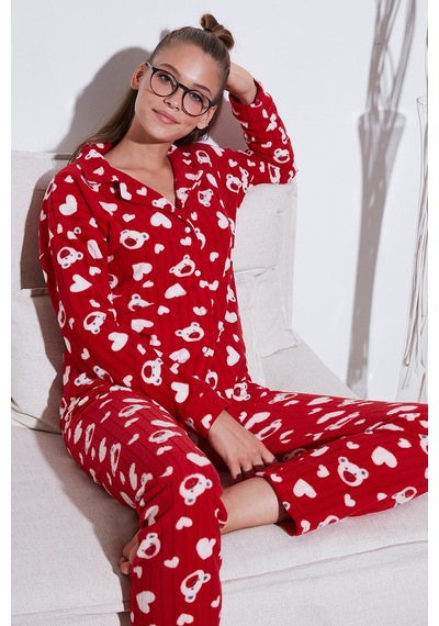 Lela Standart Fit Düğmeli Polarlı Bayan Pijama Takımı 6095617 Kırmızı