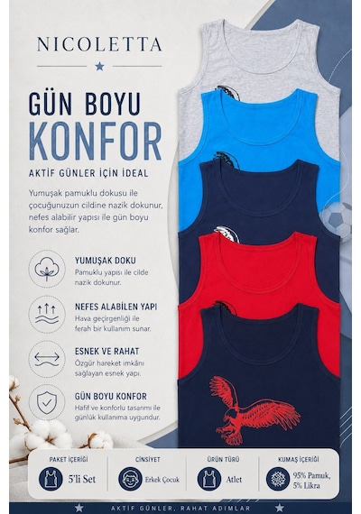 Tom John Nicoletta Erkek Çocuk Atlet Geniş Askılı Kartal Baskılı Pamuklu Çok Renkli