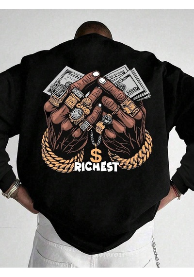 Rıchest Baskılı Bisiklet Yaka Siyah Sweatshirt - Oversize Unisex Kışlık Kalın Siyah