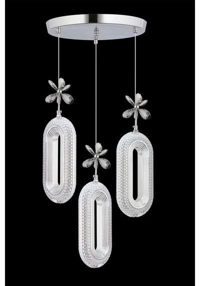 Led Alfa 3'lü Gümüş Kademeli 3 Renk Ledli Kristal Taşlı Modern Led Avize Krom