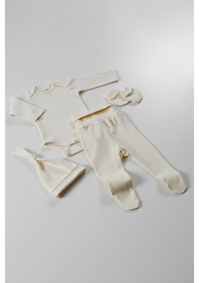 Tinylamb Pure 4 Parça Bebek Uzun Kollu Pamuk Bodysuit Pijama Takımı Yenidoğan Mini Set Çocuk Hediye Seti Bej