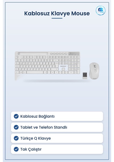 Mouse Klavye Seti Kablosuz Tablet Telefon Standlı Beyaz Q Düzen T Optik