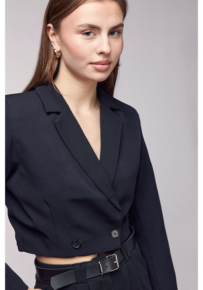 Saade Sââde Kadın Regular Fit Kruvaze Kapama Dokuma Crop Blazer Ceket -şık & Spor Siyah