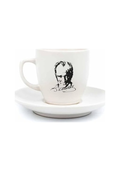 Atatürk Portre Krem Türk Kahvesi Fincanı - Hediye Seramik Türk Kahvesi Fincanı Açık Ahşap