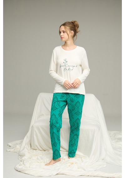 Siyah İnci Örme Pamuklu Pijama Takım25240233 Ekru