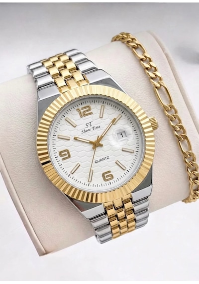Erkek Takvimli Gold Kol Saati Çok Renk Seçenekli Çelik Kordon Quartz Mekanizmalı Lüks Erkek Saat + Bileklik Hediyeli Beyaz Erkek Takvimli Gold Kol Saati Çok Renk Seçenekli Çelik Kordon Quartz Mekanizmalı Lüks Erkek Saat + Bileklik Hediyeli Beyaz