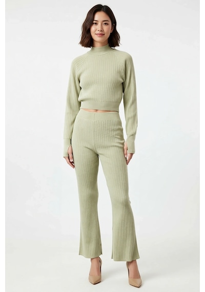 Benerly Kadın Fitilli Reglan Kollu Crop Kazak Pantolon Takımı Bisiklet Ya Mint