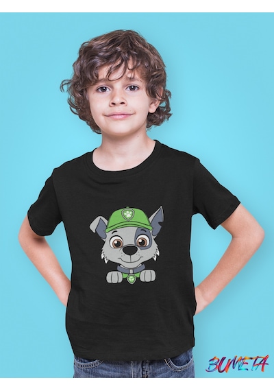 Bumeta Yeşil Şapkalı Kurtarıcı Rocky Paw Patrol Çocuk Tişört T-shirt Siyah